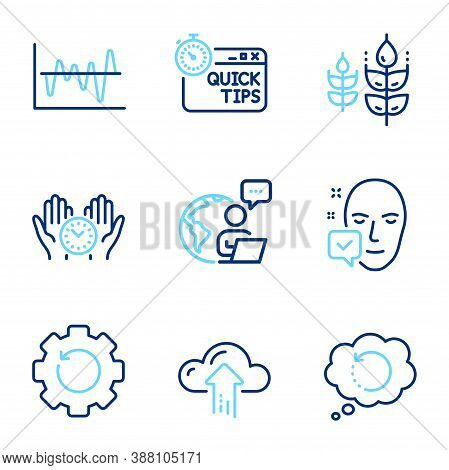 Science Icons Set. Included Icon As Safe Time, Stock Analysis, Recovery Gear Signs. Cloud Upload, Gl