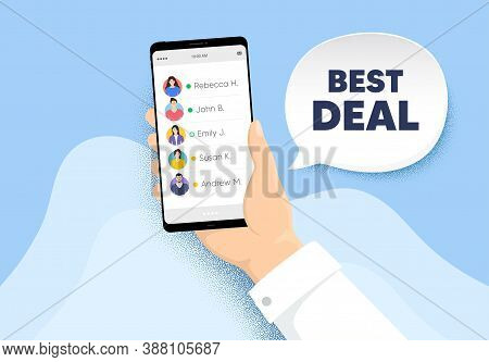 Best Deal. Hand Hold Phone With Contacts List. Special Offer Sale Sign. Advertising Discounts Symbol