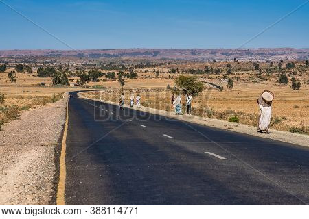 Axum, Ethiopia - Feb 10, 2020: Ethiopian People Seen On The Road From Axum To Gheralta, Tigray In No