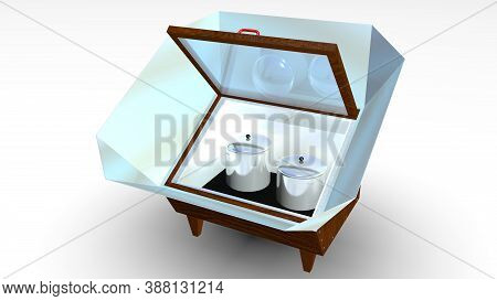 Box Solar Cooker With Open Glass Lid And Metal Reflectors With Two Pots Inside On White Background. 