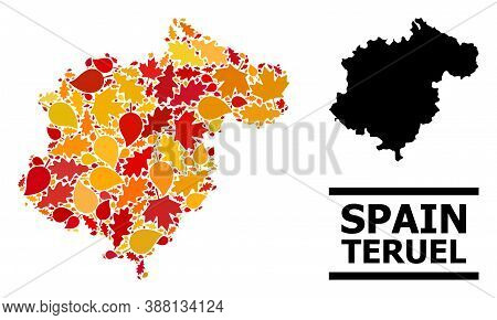 Mosaic Autumn Leaves And Solid Map Of Teruel Province. Vector Map Of Teruel Province Is Formed From 