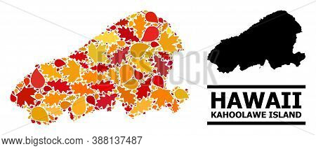 Mosaic Autumn Leaves And Solid Map Of Kahoolawe Island. Vector Map Of Kahoolawe Island Is Made With 