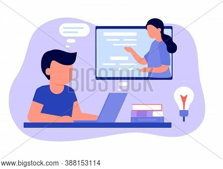 Learn From Distance With Teacher, Online Education. Kid Boy Is Sitting On Laptop And Studying Lesson