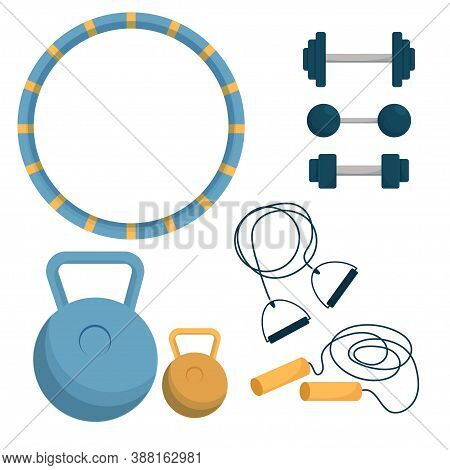 Set Of Equipment For Training, Workout Hula Hoop, Expander, Dumbbell Isolated On White Background. O