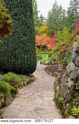 A Picture Of A Well-tended Garden And A Pathway In Autumn.   Victoria Bc Canada
