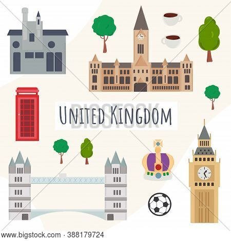 Set Of Symbols Of United Kingdom. Travel Illustration With British Landmarks, Buildings, Plants. Fun