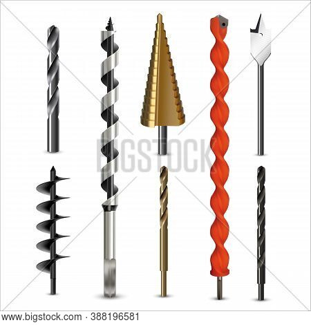 Vector Realistic Drill Bits And Auger For Various Types Of Materials On White Background. Drills For