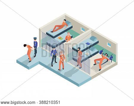 Jail Interior. Prisoners Sitting In Cameras Walking Police Guards In Jail Rooms Inmate Persons Vecto
