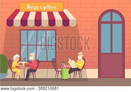 European Street Cafe. Elderly Travellers Drink Coffee On Terrace. Old People With Luggage Relax Vect