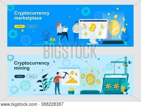 Cryptocurrency Mining And Trading Landing Page With People Characters. Cryptography And Blockchain F
