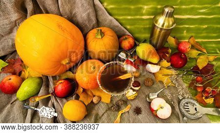 Flat Lay Top View Autumn Fall Cocktails Season Special Ingredients. Shaker Spoon Martini Pumpkins An