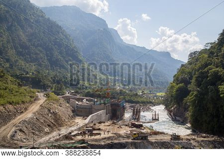 Bhulbhule, Nepal - October 23, 2014: Construction Site Of The Upper Marsyangdi Hydropower Project In