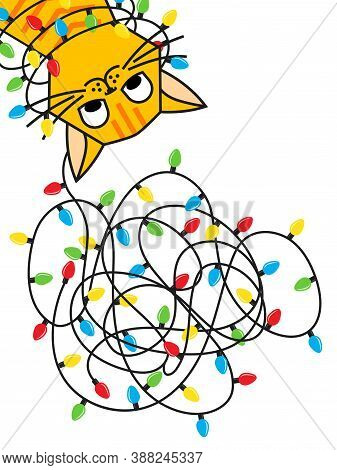 Cat Tangled Christmas Lights. Greeting Card Design