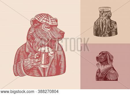 Grizzly Bear With A Beer Mug. Octopus Sailor. Dog Officer Fashion Animal Character. Hand Drawn Sketc