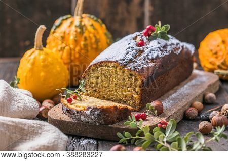Delicious Pumpkin Cake On Cutting Board. Loaf Of  Bread With Pumpkins.fresh Homemade Pumpkin Bread A