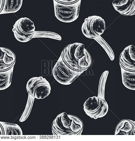 Seamless Pattern With Hand Drawn Chalk Ice Cream Bucket, Ice Cream Scoop Stock Illustration