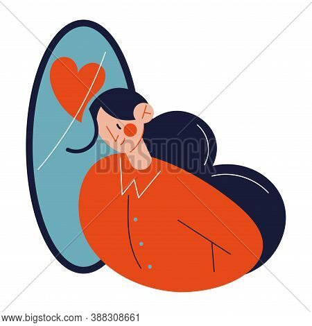 Happy Woman Looking At Mirror With Love And Feeling Self Love And Care