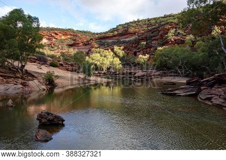 The Rocks And Cliffs With Murchison River Under The Of Z-bend Lookout In Western Australia In Late A
