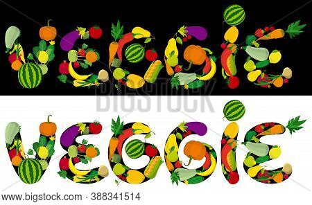 Illustration A Veggie Word Consisted Of Fruits, Vegetables, Berries. Font Of My Own Design