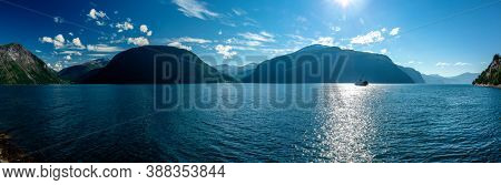 EIDSDAL, NORWAY - AUGUST, 17, 2020: Ferry crossing between Linge and Eidsdal on the scenic Route 63 across the Tafjorden, Norway