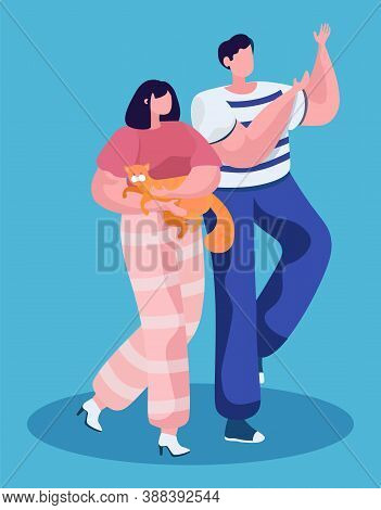 Pet Owners Walking With Cat. Isolated Couple Cuddling Kitty. Female And Male Characters With Feline 