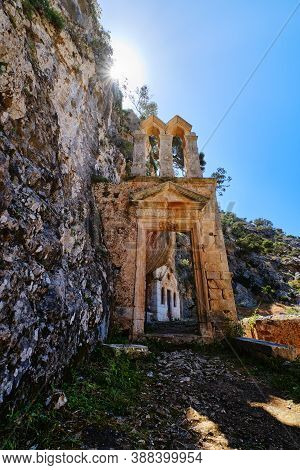 Ruins Of Abandoned Orthodox Katholiko Monastery In Avlaki Gorge, Akrotiri, Chania, Crete, Greece. En