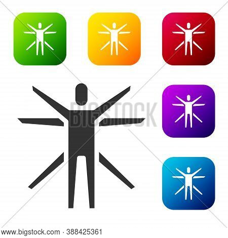 Black Vitruvian Man By Leonardo Da Vinci Icon Isolated On White Background. Human Anatomy. Set Icons