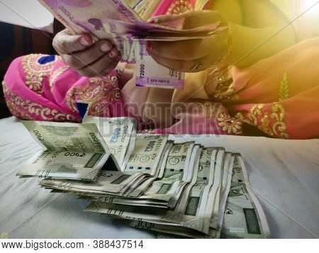 Woman Hands Counting Money Bank Notes Rupees Closeup , Indian Woman In Saari Wealth And Investment C