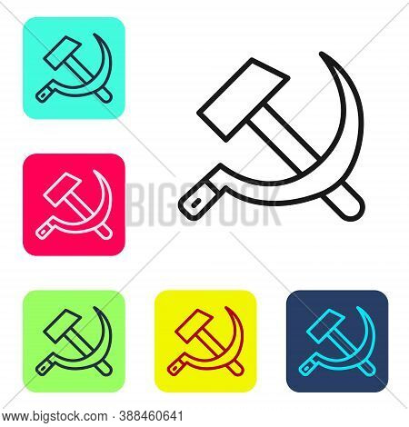Black Line Hammer And Sickle Ussr Icon Isolated On White Background. Symbol Soviet Union. Set Icons 