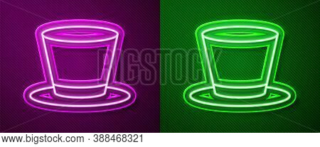 Glowing Neon Line Cylinder Hat Icon Isolated On Purple And Green Background. Vector