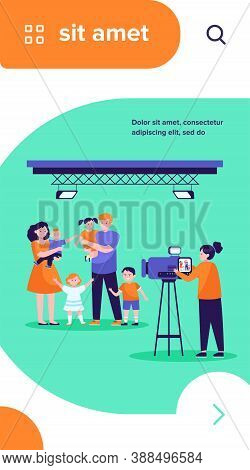 Camerawoman Filming Big Family Scene In Studio. Parents And Children Posing For Camera Flat Vector I