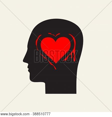Black Silhouette Of A Human Head In Profile With A Red Heart In The Brain Area. Decorative Vector Ba