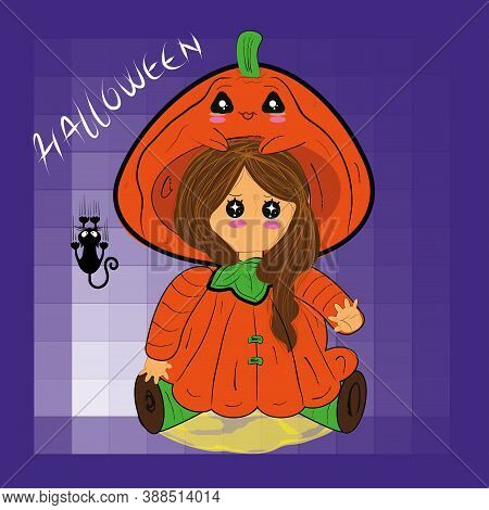 Girl Disguised As A Pumpkin. Halloween Costume Kawaii - Vector