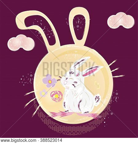 Happy Bunny Cartoon In A Moon. Mid Autumn Festival Poster - Vector