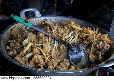 Cooking Tengkleng In Big Pan. Goat Meat With Ribs And Bone Cooked With Soup. Indonesian Traditional