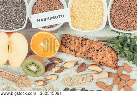 Inscription Hashimoto With Healthy Nutritious Eating For Thyroid Gland. Ingredients Containing Natur