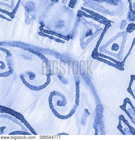 Sky Hand Drawn Mosaic. Creative Ethno Design. Watercolor Ornament. Creative Ethno Design. Indigo Art