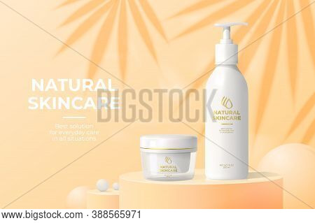Bright Realistic 3d Bottle And Jar On Pedestal, Abstract Banner Mockup Template For Cosmetics Advert