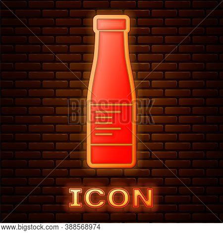 Glowing Neon Sauce Bottle Icon Isolated On Brick Wall Background. Ketchup, Mustard And Mayonnaise Bo