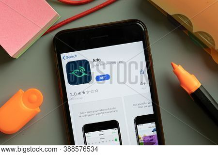New York, Usa - 29 September 2020: Arlo Mobile App Logo On Phone Screen Close Up, Illustrative Edito