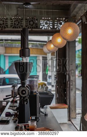 Coffee Machine In Cafe Shop. Vintage Color Tone. Coffee Lover, No Focus, Specifically.