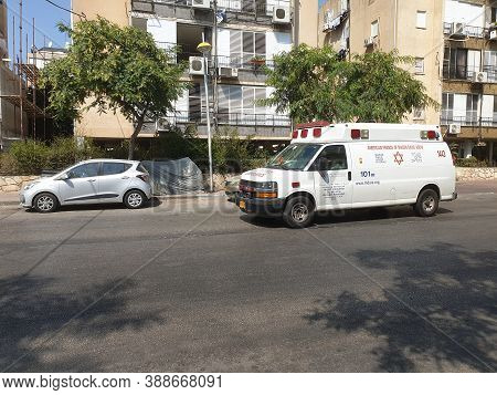 Holon, Israel. September 18, 2020. White Magen David Adom Ambulance Minivan On Histadrut Street In C