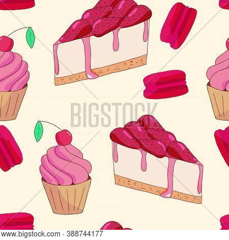 Seamless Background With Cheesecake, Cupcake And Macaroon
