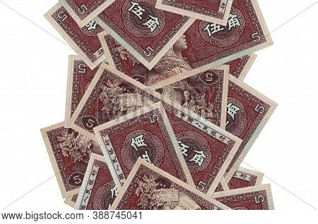 5 Chinese Yuan Bills Flying Down Isolated On White. Many Banknotes Falling With White Copyspace On L