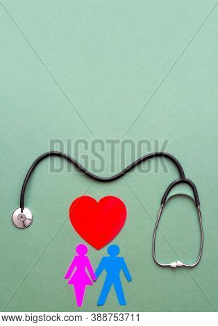 Family Paper Cut Out With Red Heart And Stethoscope, Heart Health, Family Health Insurance Concept, 