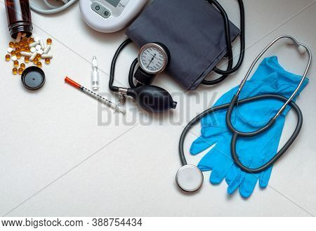 Different Medical Objects On White Background. Health Care. Top View.