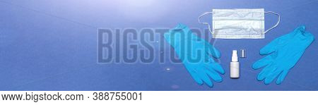 Face Mask With Hand Sanitizer Bottle, And Latex Gloves. Coronavirus Prevention Medical Surgical Mask