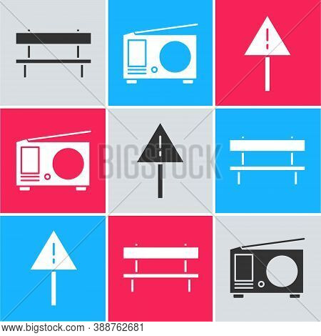 Set Bench, Radio With Antenna And Exclamation Mark In Triangle Icon. Vector