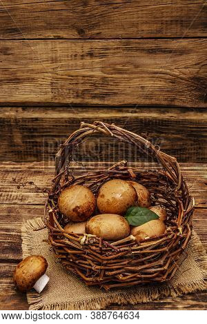 Whole Brown Royal Champignon Mushrooms In Handmade Wicker Basket