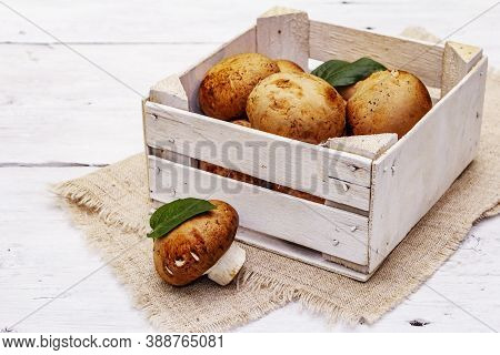 Whole Brown Royal Champignon Mushrooms In Crafted Wooden Crate